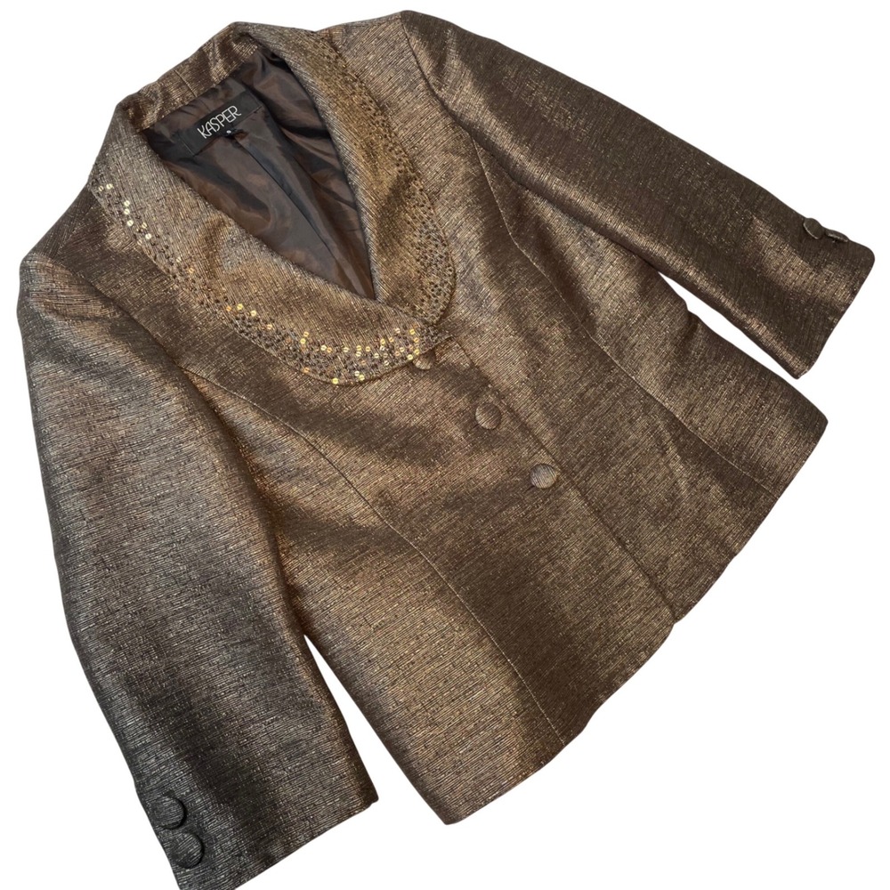Kasper Womens Bronze Metallic Sequin Shawl Collar Blazer Jacket Size 8 Classic